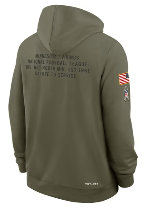 Nike Sweatshirts Adult Minnesota Vikings Nike Olive 2025 Salute to Service Sideline Hooded Sweatshirt - Men's