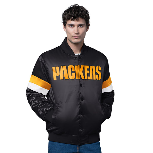 Starter Jacket Adult Green Bay Packers Starter Black Triple Option Varsity Satin Jacket - Men's