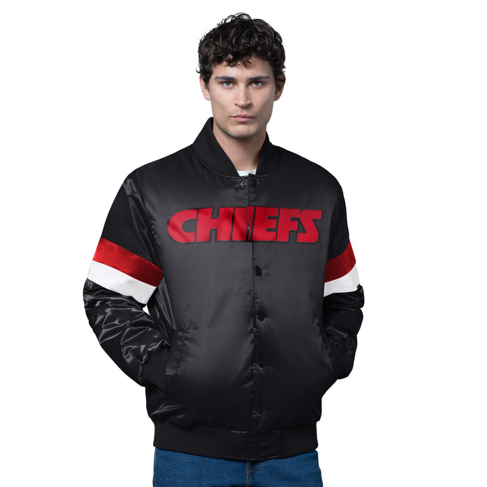 Starter Jacket Adult Kansas City Chiefs Starter Black Triple Option Varsity Satin Jacket - Men's