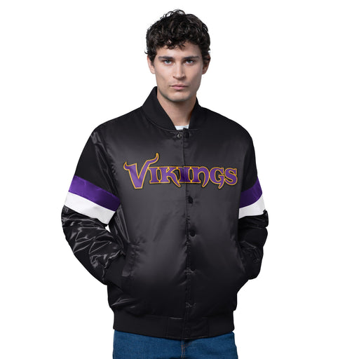 Starter Jacket Adult Minnesota Vikings Starter Black Triple Option Varsity Satin Jacket - Men's