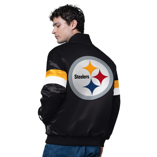 Starter Jacket Adult Pittsburgh Steelers Starter Black Triple Option Varsity Satin Jacket - Men's