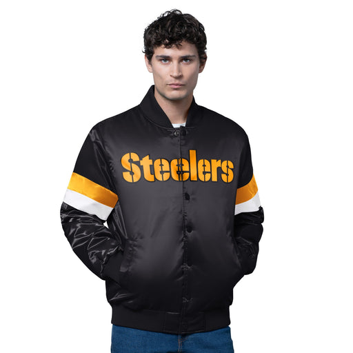 Starter Jacket Adult Pittsburgh Steelers Starter Black Triple Option Varsity Satin Jacket - Men's