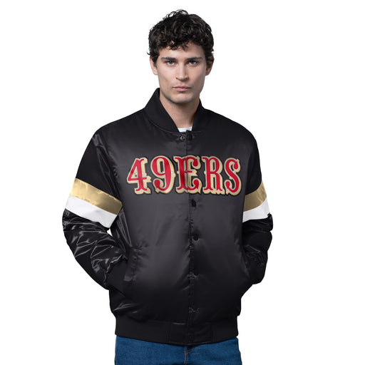 Starter Jacket Adult San Francisco 49ers Starter Black Triple Option Varsity Satin Jacket - Men's
