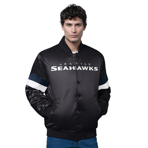 Starter Jacket Adult Seattle Seahawks Starter Black Triple Option Varsity Satin Jacket - Men's