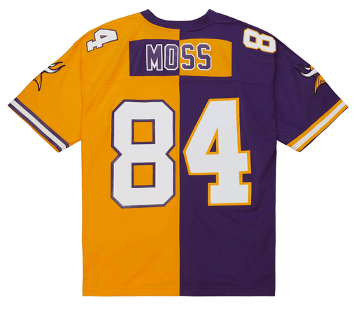 Mitchell & Ness Adult Jersey Men's Randy Moss Minnesota Vikings Mitchell & Ness NFL Split Purple/Gold Throwback Jersey
