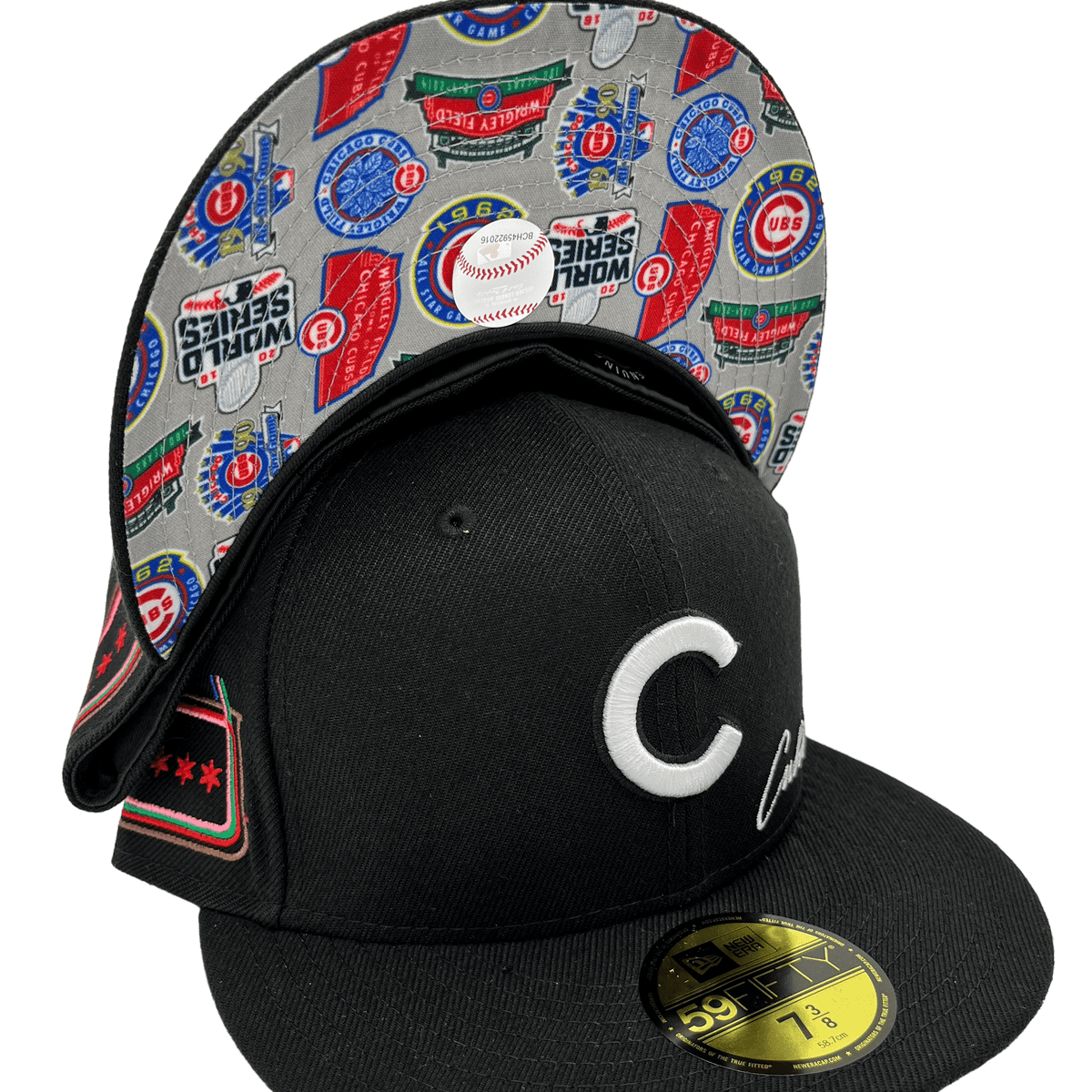 Chicago Cubs New Era Custom 59FIFTY Black UV Logos Patch Fitted Hat, 7 1/2 / Black