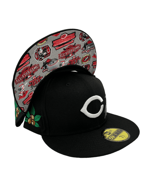 New Era Fitted Hat Cincinnati Reds New Era Custom 59Fifty Black UV Logos Patch Fitted Hat