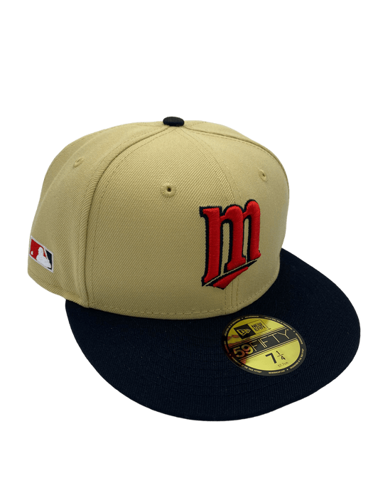 Tan Scrip Minnesota Twins Brown Visor Sea Blue Bottom 60th Anniversary Side Patch New Era 59FIFTY Fitted 71/4
