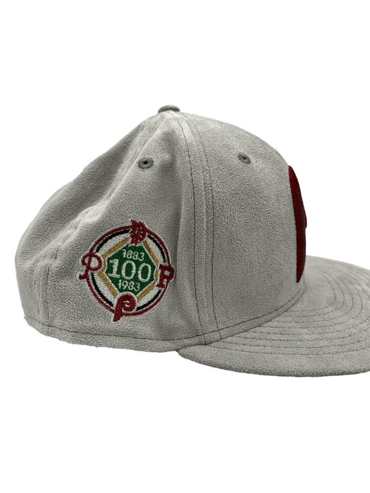 New Era Fitted Hat Philadelphia Phillies New Era Custom 59Fifty Gray Metallic Suede Patch Fitted Hat